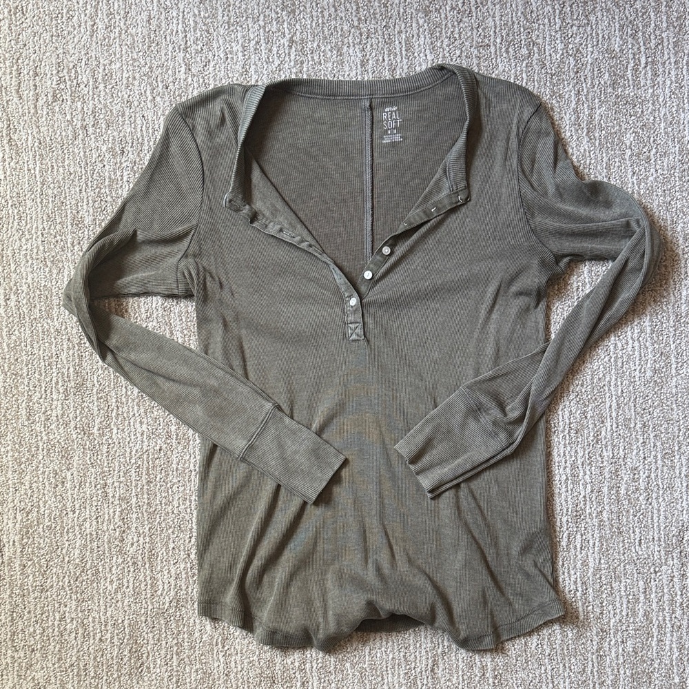 Aerie Olive Long Sleeve Henley Tee